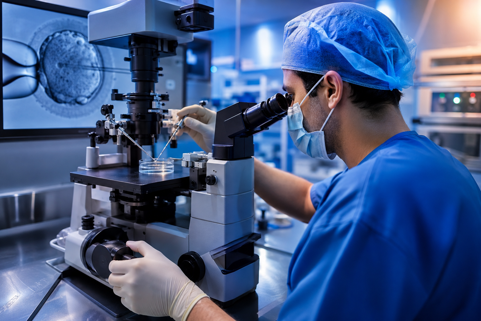 assisted-reproductive-technology-jobs-career-guide Senior clinical embryologist working with an inverted microscope inside an IVF laboratory cleanroom.