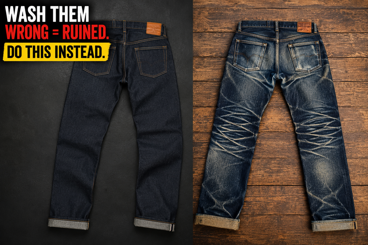 A split-screen flat lay style image. On the left side, showcase a pair of stiff, uniform dark blue heavy denim jeans. On the right side, show the exact same model of jeans after 12 months of proper care, highlighting high-contrast white creases, honeycombs behind the knees, and rich honey-toned fading lines.Text Overlay: Use bold, high-contrast typography in the upper corner reading: "WASH THEM WRONG = RUINED. DO THIS INSTEAD."