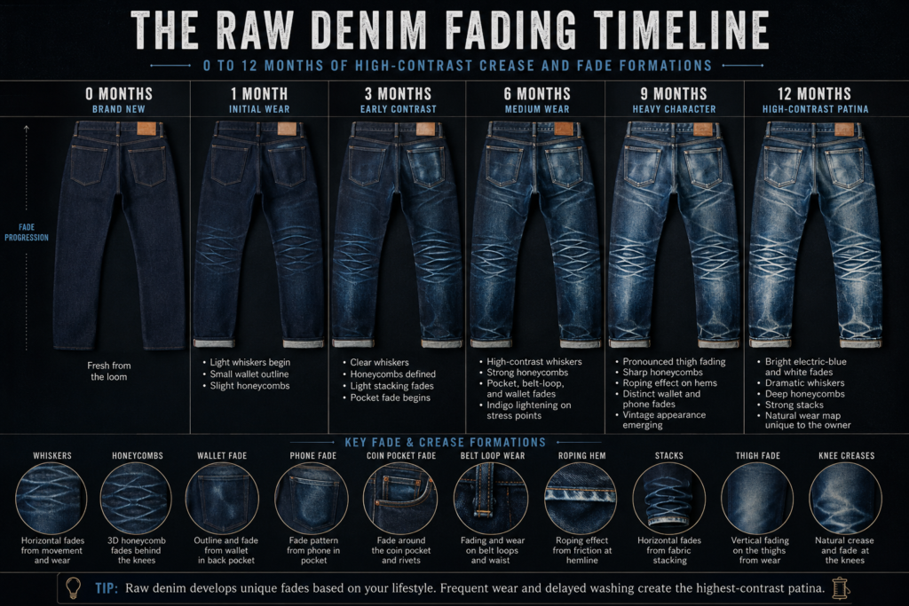 The Raw Denim Fading Timeline" - A visual chart tracking 0 to 12 months of high-contrast crease and fade formations